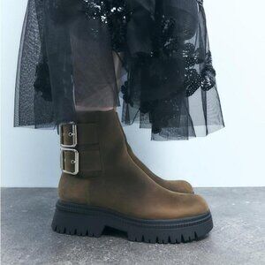 NWT ZARA Genuine Leather Lug-Sole Buckled Ankle Boots, Sz 6.5